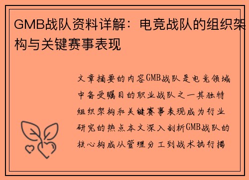 GMB战队资料详解：电竞战队的组织架构与关键赛事表现